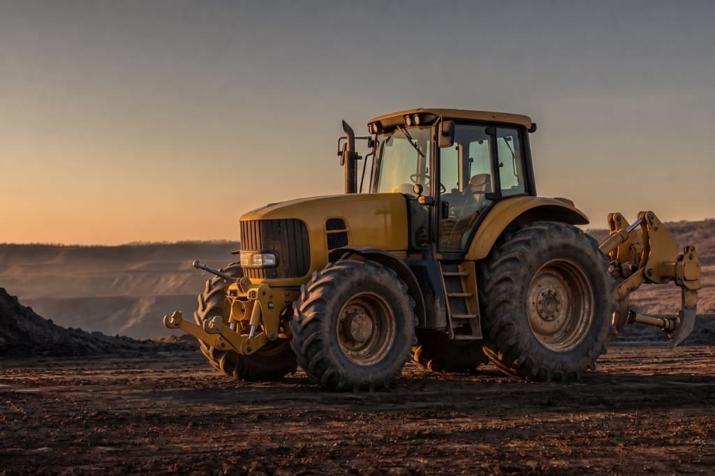 Heavy tractor equipped with scrapers and pans